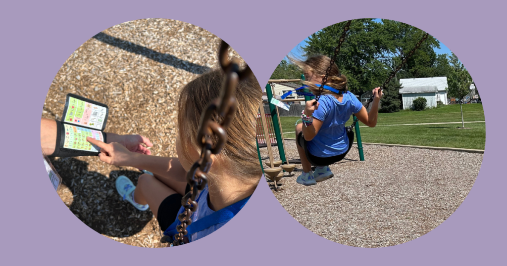 Child wearing a lanyard on the swing with a communication partner wearing a wrist coach.