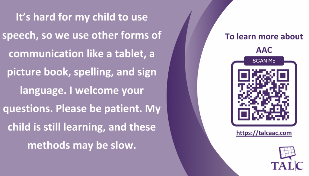 Business card that reads, "It's hard for my child to use speech, so we use other forms of communication"
